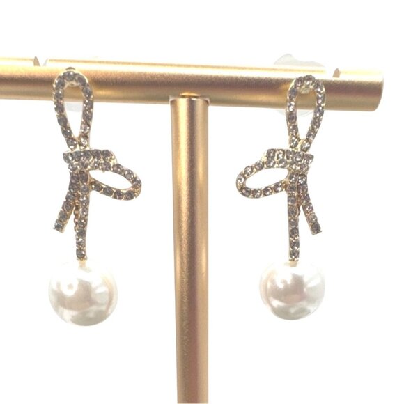 2/$24 Elegant Bow Pearl Drop Earrings With Rhinestone Accents Gold-Tone Finish - Picture 5 of 6